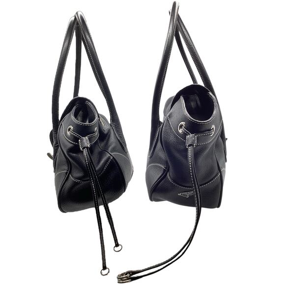 Prada Vitello Daino Stripe Pebbled Leather Shoulder Bag in Black and Tan - Picture 3 of 9